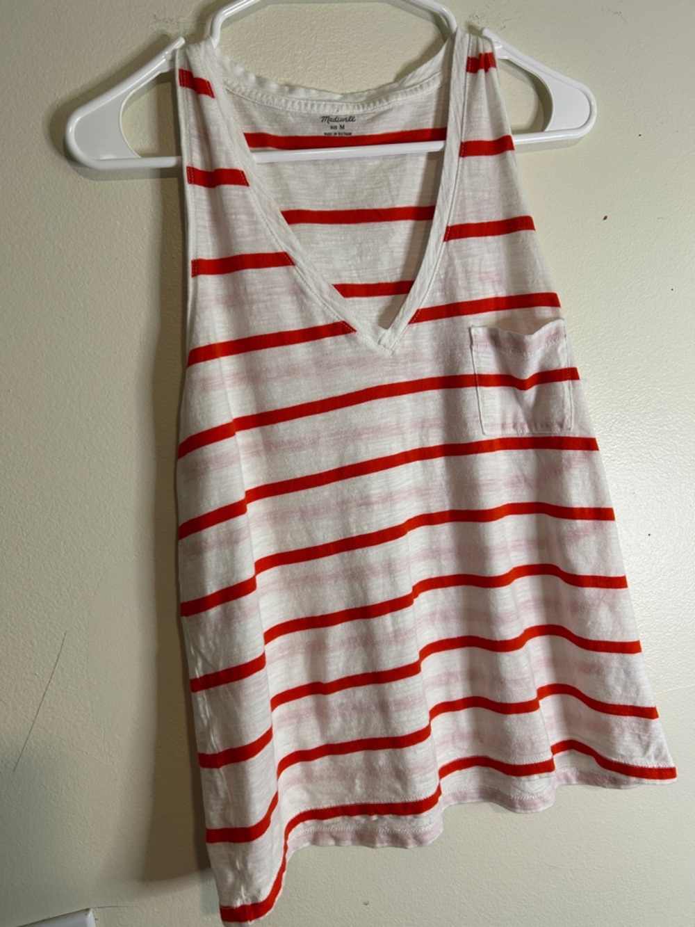 Madewell White & Red Striped V-Neck Pocket Tank